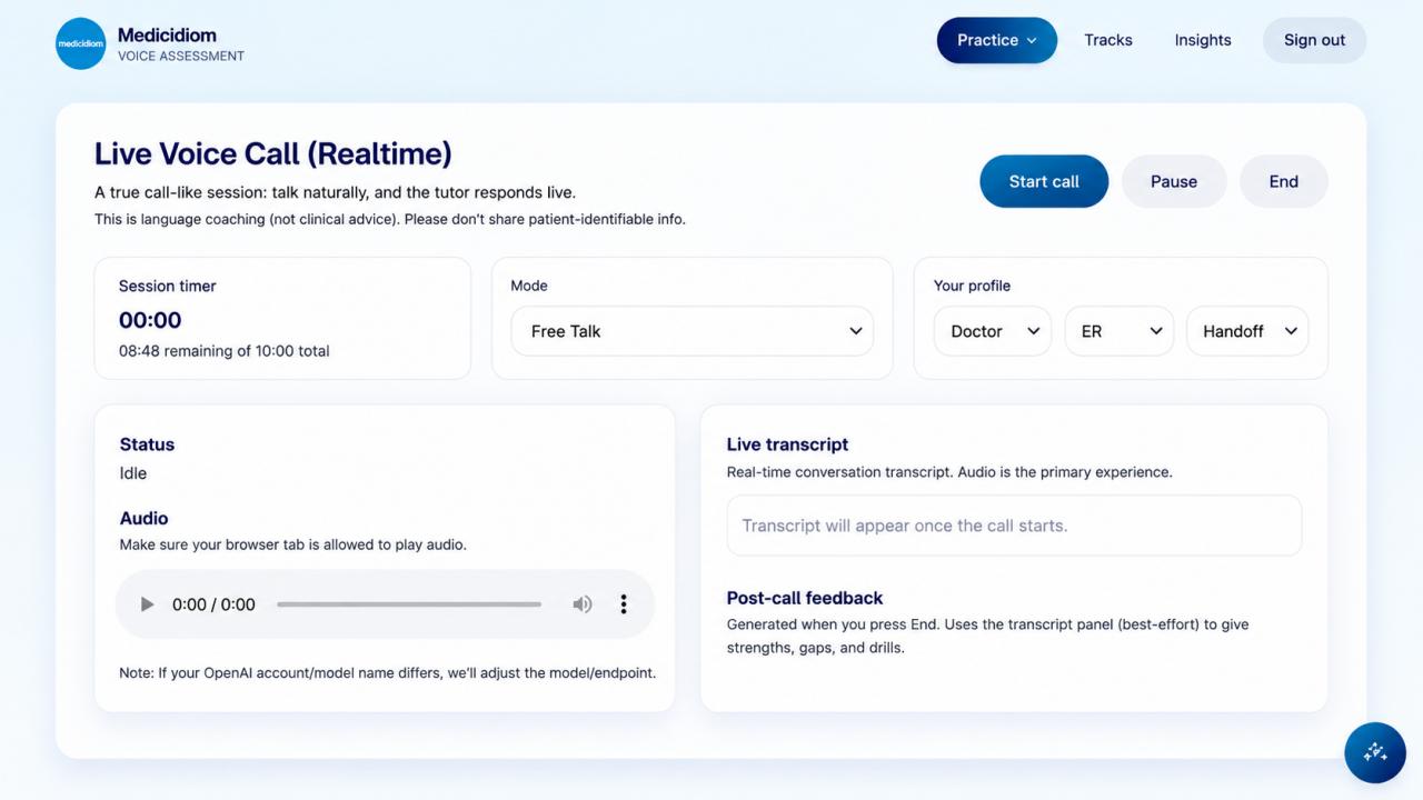 Medical English learning platform showing a live voice call interface with AI coaching, conversation transcripts and performance feedback.