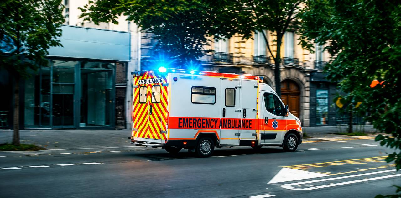 Emergency ambulance responding in an urban area, illustrating the importance of effective communication during healthcare emergencies.Emergency ambulance responding in an urban area, illustrating the importance of effective communication during healthcare emergencies.