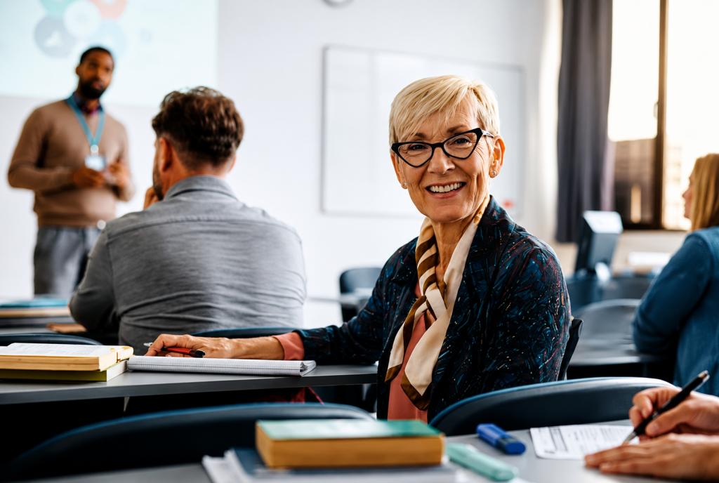 Adult learner smiling during an English language class, illustrating lifelong learning and building confidence in language skills.