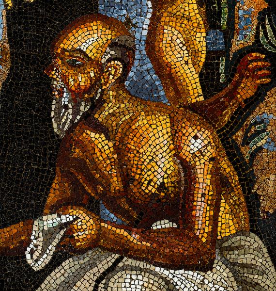 Mosaico antiguo que representa a San Jerónimo, el erudito conocido por traducir la Biblia al latín, un hito fundamental en la historia de la traducción.
