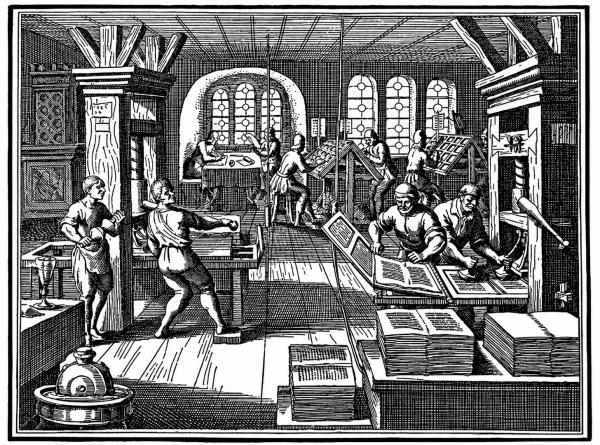Ilustración histórica de una imprenta antigua con impresores produciendo libros, representando la difusión de textos traducidos y el avance del conocimiento mediante la impresión.